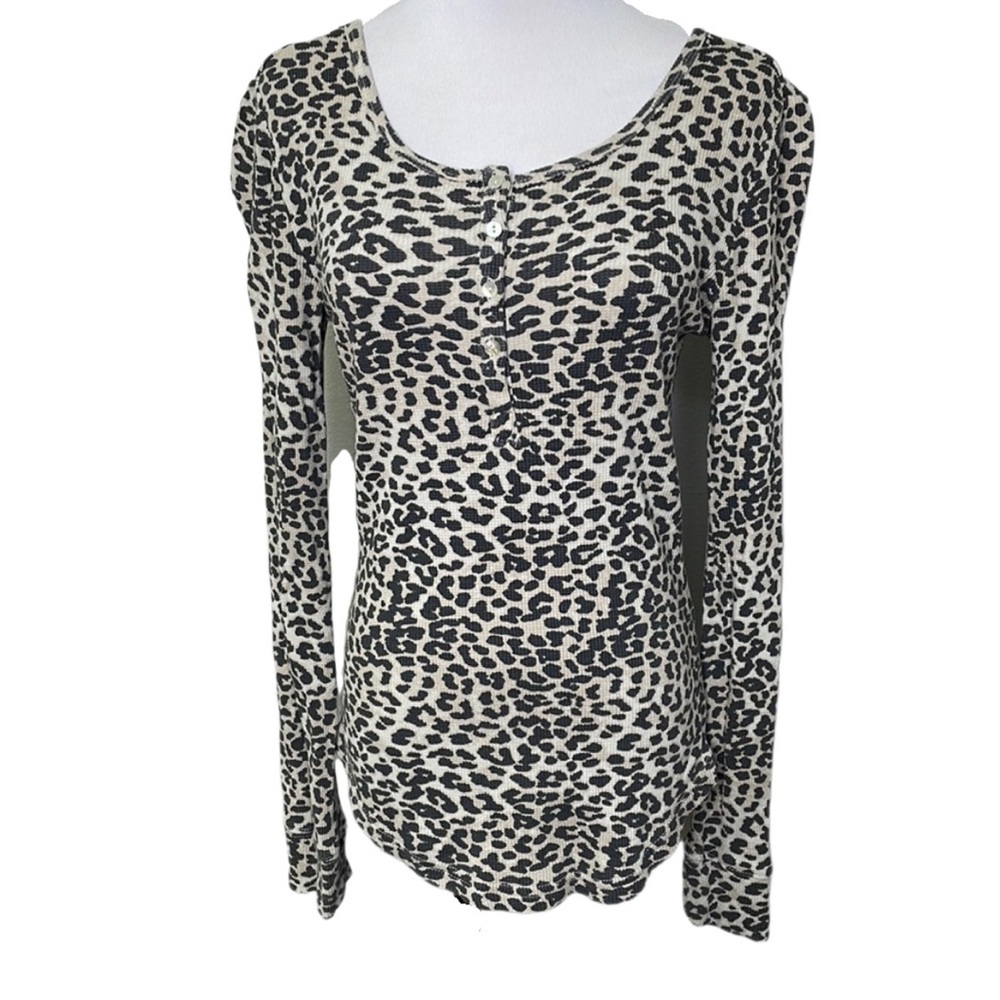 Thread & Supply Leopard Print Waffle Knit Long Sleeve Henley Shirt